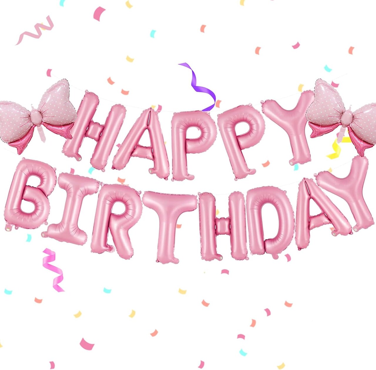 16-Inch Pink Happy Birthday Balloon Letters Banner with 2 Mini Bow Balloons – Foil Mylar Birthday Party Decorations for Girls, Pink Theme Party Supplies (Pink)